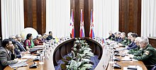 Sergey Shoygu meeting with Indian officials in 2018 The Union Minister for Defence, Smt. Nirmala Sitharaman and the Russian Defence Minister, General Sergey Shoygu at the delegation level talks, in Moscow on April 03, 2018.jpg