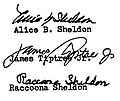 signature Alice Sheldon/James Tiptree/Racoona Sheldon