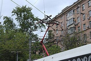 Tram and trolleybus wires crossing in Moscow, near Entuziatov Highway