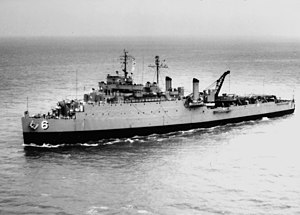USS Lindenwald (LSD-6) underway in Hampton Roads in 1965