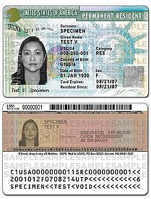 A U.S. green card, a document confirming permanent resident status for eligible immigrants, including refugees, political asylum seekers, family-sponsored migrants, employment-based workers, and diversity immigrants US Permanent Resident Card 2010-05-11.JPG