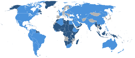 The UN in 1945: founding members in light blue, protectorates and territories of the founding members in dark blue United Nations Member States-1945.png
