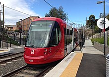 Sydney's Inner West Light Rail line is mostly situated on segregated tracks along a former heavy rail corridor. Urbos 3 2014-08-10.jpg