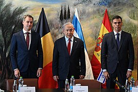 Alexander De Croo, Benjamin Netanyahu and Pedro Sánchez, 23 November 2023
