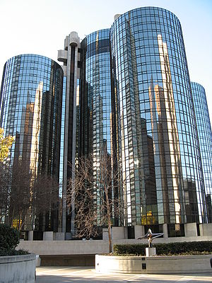 Westin Bonaventure Hotel as seen from the platform of 444 S. Flower Street, Los Angeles