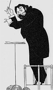 Caricature of a man in evening dress, seen from his left; he wears a large carnation in his lapel and is conducting an orchestra on tip-toe