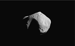 253 Mathilde, a C-type asteroid measuring about 50 km across. Photograph taken in 1997 by the NEAR Shoemaker probe.