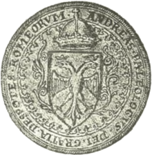 Seal of Andreas Palaiologos, late 15th century. The Latin inscription translates as "Andreas Palaiologos by the Grace of God Despot of the Romans" Sphragis Andreou Palaiologou.png