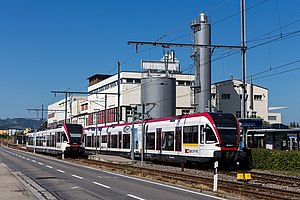 Two white-and-black trains at island platform