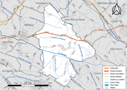 Carte en couleur présentant le réseau hydrographique de la commune