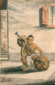 A bīn or kuplyans in Solvyn's 1799 publication. Plucked stick zither with two strings. The word kuplyans is "limited to Bengal."