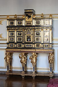 Baroque caryatids of a cabinet, c.1675, ebony, kingwood, marquetry of hard stones, gilt bronze, pewter, glass, tinted mirror and horn, Museum of Decorative Art, Strasbourg, France[21]