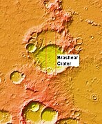 Wide view of Brashear Crater near other craters, as seen by MOLA in which elevations are indicated by different colors