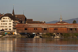 Büren with the historic wooden bridge spanning the Aare