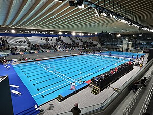 Test der Halle am 6. Mai 2024 mit dem Frauen-Wasserballspiel Frankreich gegen die USA