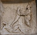 Reliefs der Sockelzone, Szenen aus dem Buch Genesis, links. Erschaffung Evas aus der Rippe Adams.