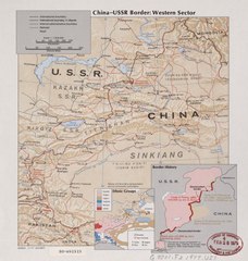 Map of the western China-USSR border showing the Pamir area (41,000 km2 (16,000 sq mi)) claimed by China. „This section shown as 'Indefiniteʼ on Chinese maps, 'Definiteʼ on Russian maps. Based on 1895 Anglo-Russian treaty.“ (1977)