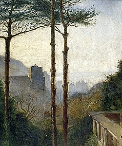 Landscape with church and houses, pines in foreground (undated), Norfolk Museums Collections