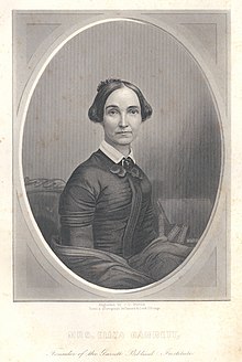 Black and white engraving of a woman sitting, looking directly at the viewer