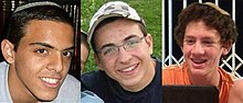 Eyal Yifrach, Gilad Shaar, Naftali Frenkel, z"l in whose memory The Oz veGaon Nature Preserve was created in response to their murder. The boys were abducted close to the site of the park.