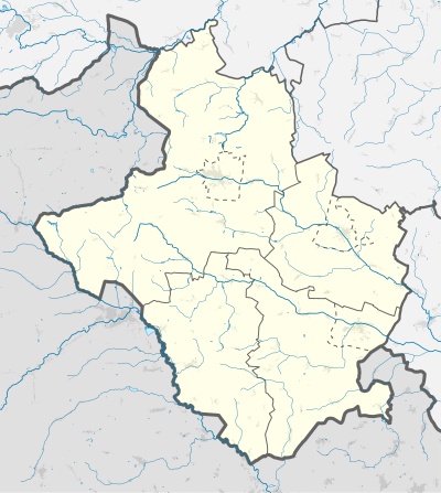 Mapa konturowa powiatu głubczyckiego, po prawej nieco na dole znajduje się punkt z opisem „Gęsina”