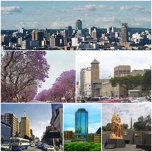 Clockwise, from top: Harare skyline; Jacaranda trees lining Josiah Chinamano Avenue; Parliament of Zimbabwe (front) and the Anglican Cathedral (behind); downtown Harare; New Reserve Bank Tower; Heroes Acre monument