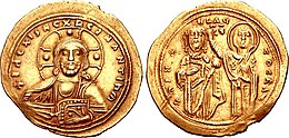 Photo of the obverse and reverse of a medieval gold coin, showing a bust of Christ Pantokrator and a ruler crowned by the Theotokos