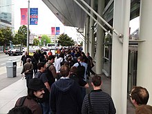 Attendees wait to enter Moscone West to watch the 2009 keynote address. In line for the Keynote (3608785470).jpg