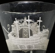 Ship portrait, wheel-engraved, with coat of arms on the other side, 1750–1770, perhaps on English glass