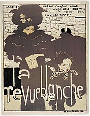 Affiche sépia avec des lettres blanches et derrière, une femme en robe longue emmitouflée et chapeautée tenant une feuille, et un gamin des rues.