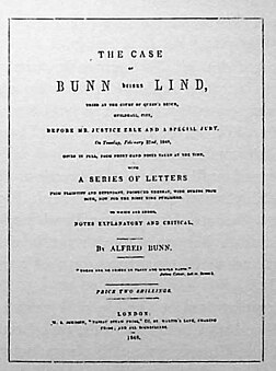 Titelbladet till de av Bunn tryckta handlingarna i målet Bunn-Lind.