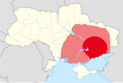 Расположение ядра Махновии (красный) и других территорий, контролируемых Черной армией (розовый) на территории современной Украины (загар)