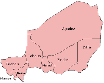 Интерактивная карта Нигера с указанием семи его регионов.