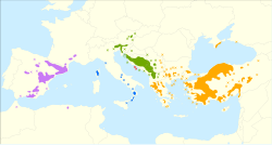 Euroopanmustamännyn ja sen alalajien levinneisyysalueita:   P. nigra subsp. salzmannii   P. nigra subsp. laricio   P. nigra subsp. nigra   P. nigra subsp. dalmatica   P. nigra subsp. pallasiana