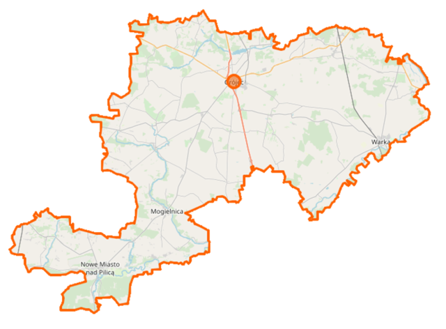 Mapa konturowa powiatu grójeckiego, po prawej znajduje się punkt z opisem „miejsce bitwy”