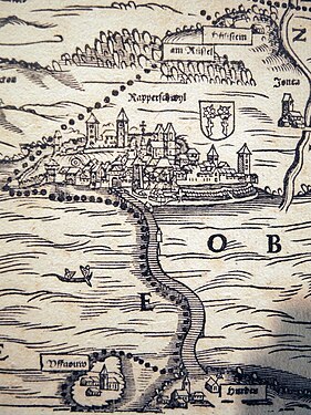 The bridge between Hurden (bottom) and Rapperswil on a map by Jos Murer (1566)