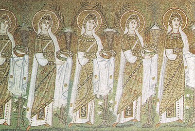 Victoria and Anatolia, portrayed amongst the mosaic Procession of Virgins (Basilica of Sant'Apollinare Nuovo, Ravenna).
