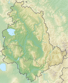 Mapa konturowa Umbrii, blisko centrum na lewo znajduje się punkt z opisem „Perugia”