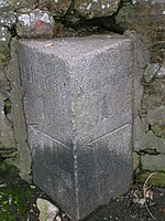 A milestone at the lazy corner near the parish kirk with directions to Kilmarnock, Hurlford, Galston and Ayr.[38][39]