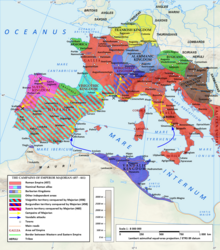 The Western Roman Empire during the reign of Majorian in AD 460. During his four-year-long reign from 457 to 461, Majorian restored Western Roman authority in Hispania and most of Gaul. Despite his accomplishments, Roman rule in the west would last less than two more decades. Roman Empire under Majorian (460 CE).png