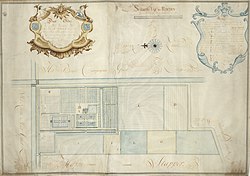 Plattegrond van Woelwijk uit 1760 gemaakt in opdracht van eigenaar Harmen Wolthers. Het compagniehuis is hier verdwenen. Het noorden is links.