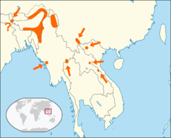 Distribución aproximada en el Sudeste Asiático, por Simon Harrap (1996).Harrap, 1996, pp. 48-49.