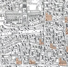 St Mary Magdalene Old Fish Street on the Copperplate map of London (centre right) St Mary Magdalene Fish St Copperplate map.jpg