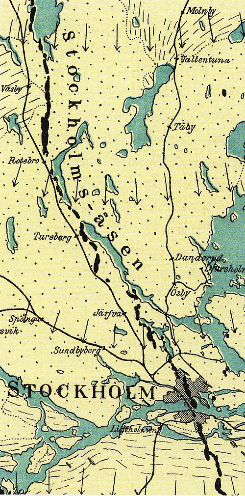 Stockholmsområdets grundfjeld og ås ifølge geologen Gerard De Geer 1897. Nord er mod venstre.