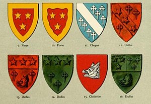 Coats of arms of the Sutherland of Forse and Sutherland of Duffus branches of the clan. Also shown is the coat of arms of the Cheynes who are considered a sept of the Clan Sutherland and the Chisholms who married into the Sutherland family Sutherland of Duffus, of Forse, Cheyne and Chisholm coats of arms.jpg