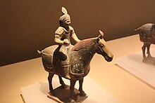 Tomb figure of mounted warrior similar to the one unearthed from the tomb of crown prince Li Chongrun Tang Pottery Horse & Rider2.jpg