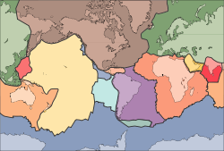 Muestra de la extensión y los límites de las placas tectónicas, con superposición de contornos en los continentes que se apoyan