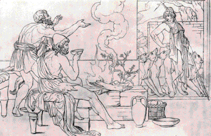 Ulysse est assis près du feu tandis qu'Eumée découvre Télémaque à l'entrée de sa hutte, localisation inconnue.