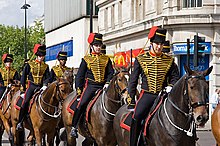 Troopers of the King's Troop, Royal Horse Artillery in their blue light cavalry-style full dress uniform The King's Troop Royal Horse Artillery - geograph.org.uk - 1464992.jpg