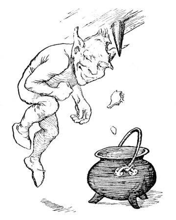 black and white illustration of a troll who has just jumped and slammed his head into a spike on the ceiling with a chunk falling into the stew pot below. The troll has a large head and large pointed ears and seems to be wearing no clothing except possibly slippers but his body is wrinkled in a way that may indicate some kind of bodysuit. He is looking at the viewer very smugly. The stewpot is an old fashioned cauldron with legs, the spike is set into the ceiling. Beyond that there is no background visible.